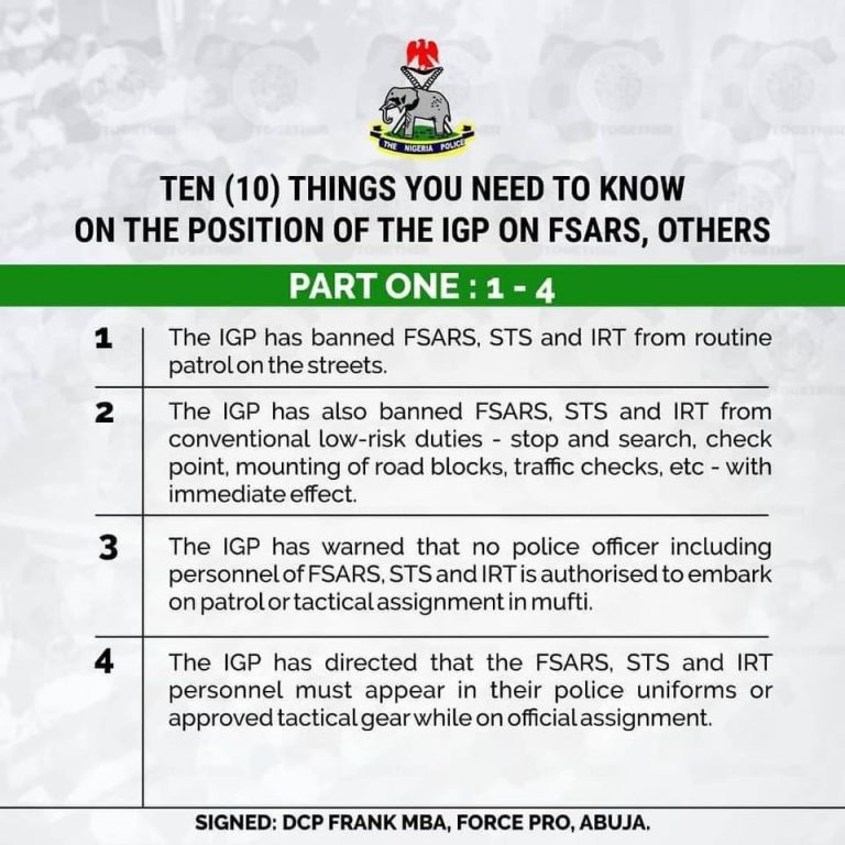 Ten (10) Things you need to know on the position of the IGP on FSARS, others