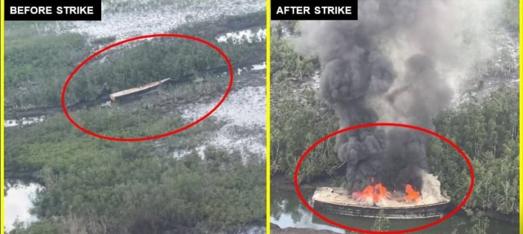 NAF Moves against Economic Sabotours as Air Strikes Destroy 6 Illegal Refining Sites, 5 Cotonou Boats in Rivers State