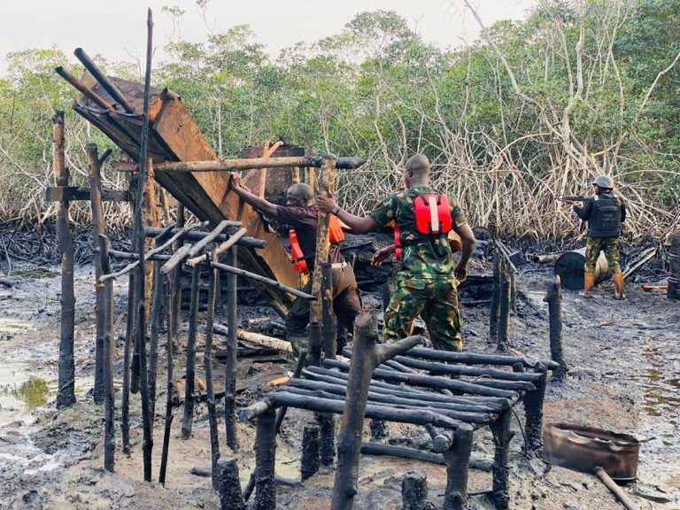 Operation Delta Sanity: Navy destroys three illegal refining sites, one wooden boat with product suspected to be crude oil, in Bayelsa